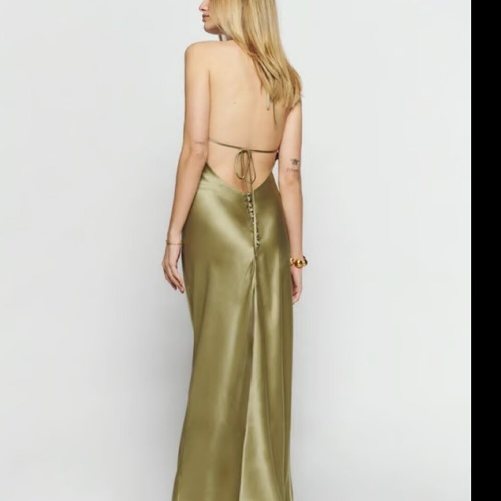 Reformation Dress Jeany Silk Dress Olive Oil Size M - Picture 3 of 6